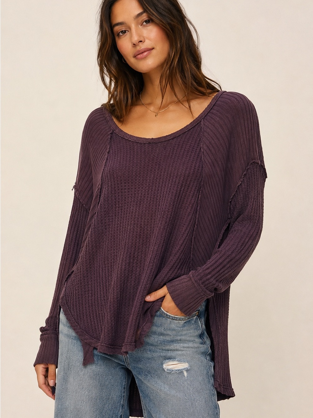 Free People Ventura Waffle Knit Thermal Top Purple XS